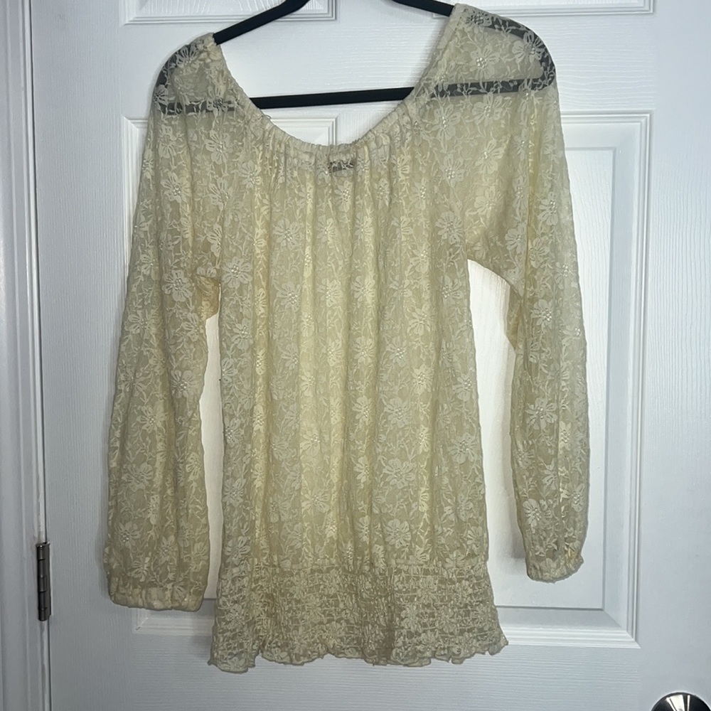 Cream Lace Peasant Blouse Sheer Boho Romantic Cottagecore Top M Arden B - Picture 6 of 6